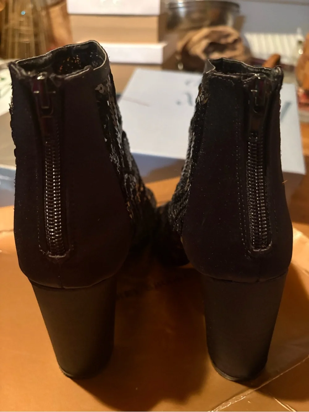 Audrey Brooke Black Sequin Open-Toe Ankle Booties
